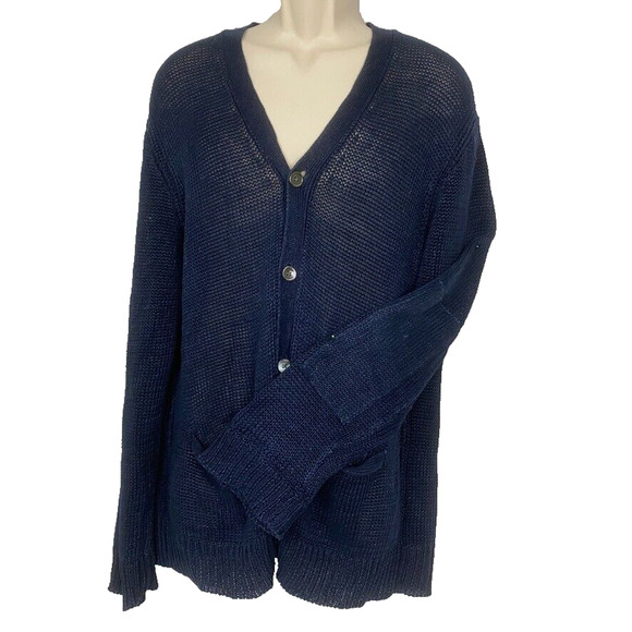 Polo Ralph Lauren Linen Cardigan Sweater Mens Large Blue Elbow Patches Academia - Picture 1 of 13